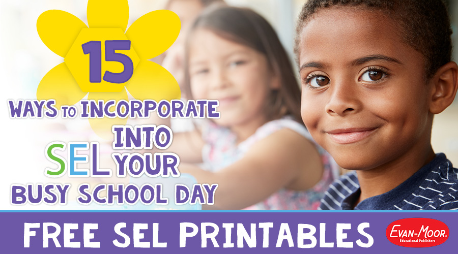 Graphic with the title '15 Ways to Incorporate SEL' into school day