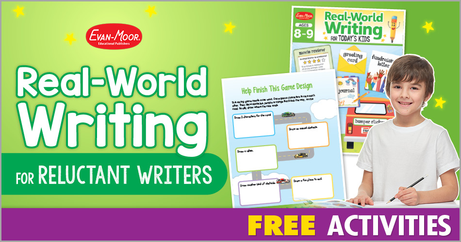  Free Activites available! A close-up of a card from Real-World Writing for Reluctant Writers with a student holding a pencil.